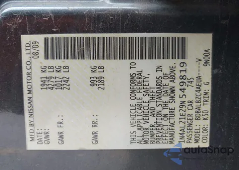 2009 Nissan Altima 2.5 S z USA, uszkodzony, nr VIN 1N4AL21E29N549819